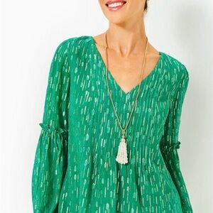 Lilly Pulitzer Cleme Fiddle-leaf Green Mystical Viscose Metallic Clip Blouse